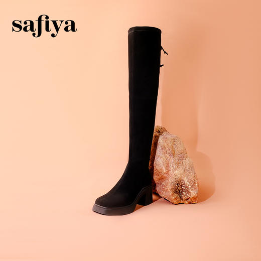 Safiya/索菲娅2023秋冬新款方头粗高跟显腿长弹力过膝长靴 SF34117403 商品图8