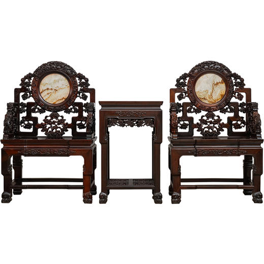 二十世纪 红木镶云石瘿木座面透雕灵芝纹扶手椅成堂（八椅四几） 商品图5