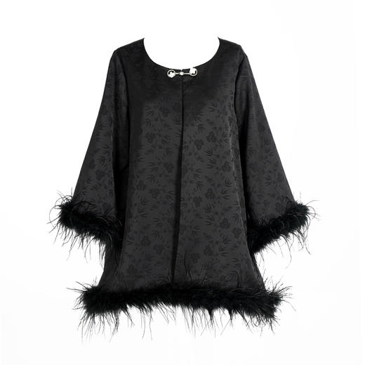 荷言GL 竹里 黑色花草纹提花缎新中式外套拼接鸵鸟毛 商品图4