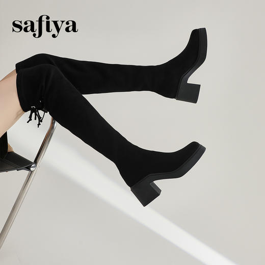 Safiya/索菲娅2023秋冬新款方头粗高跟显腿长弹力过膝长靴 SF34117403 商品图2