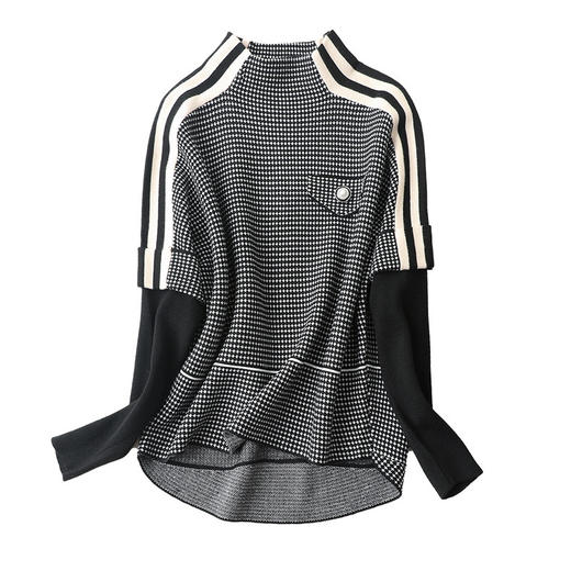 半高领细格纹毛衣，女秋冬新款假两件拼接长袖打底针织衫CC-JDS-8601 商品图4