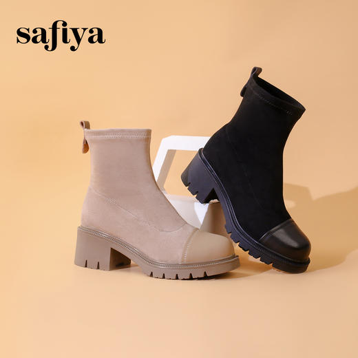 Safiya/索菲娅2023秋冬潮流拼接弹力圆头粗高跟瘦瘦英伦短靴 SF34116131 商品图5