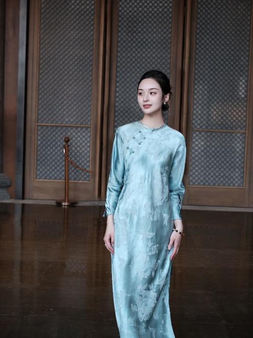 微瑕秒杀| 盛唐牡丹 |水蓝芙蓉花真丝提花斜襟旗袍裙[特价品](特殊商品不退不换) 商品图1