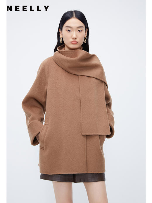 NEELLY纳俪商场同款可拆卸围巾领大衣女冬驼色短款双面呢羊毛外套N23105N01110 商品图0