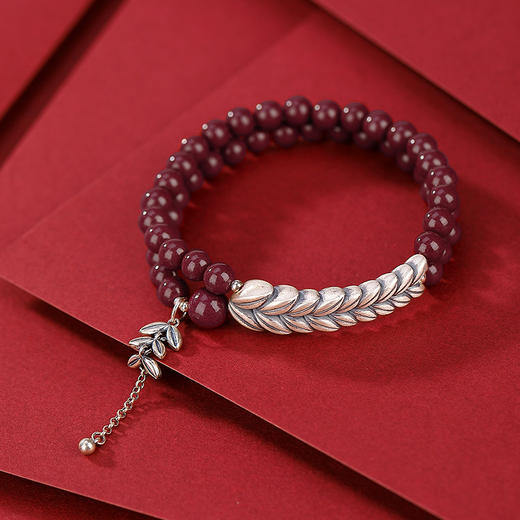 【穗穗平安】S990银足银朱砂复古麦穗圆珠双圈手串【CW-SL11563】手链 商品图0