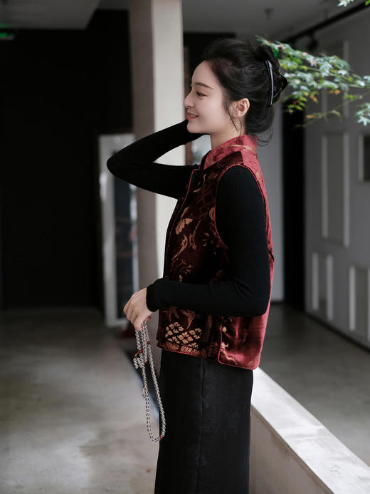 下架|盛唐牡丹 |真丝丝绒烫银对襟马甲 (四色可选) 商品图3