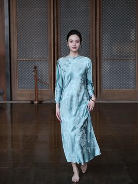 微瑕秒杀| 盛唐牡丹 |水蓝芙蓉花真丝提花斜襟旗袍裙[特价品](特殊商品不退不换)
