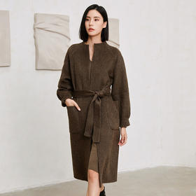 玳莎驼绒双面呢长大衣女士2023年新款收腰宽松圆领插肩长毛外套  DD39301