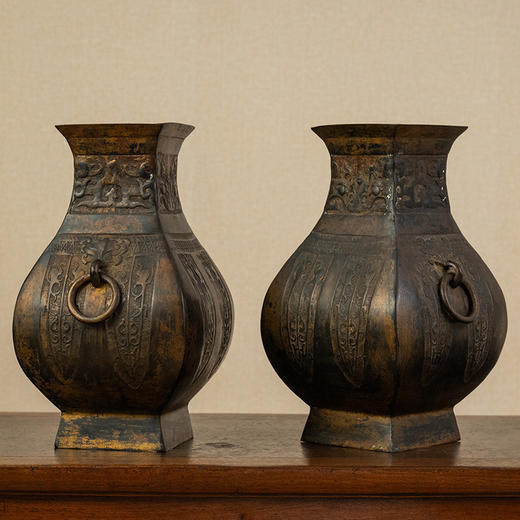 清 铜兽面蕉叶纹环耳方尊（一对） 商品图1