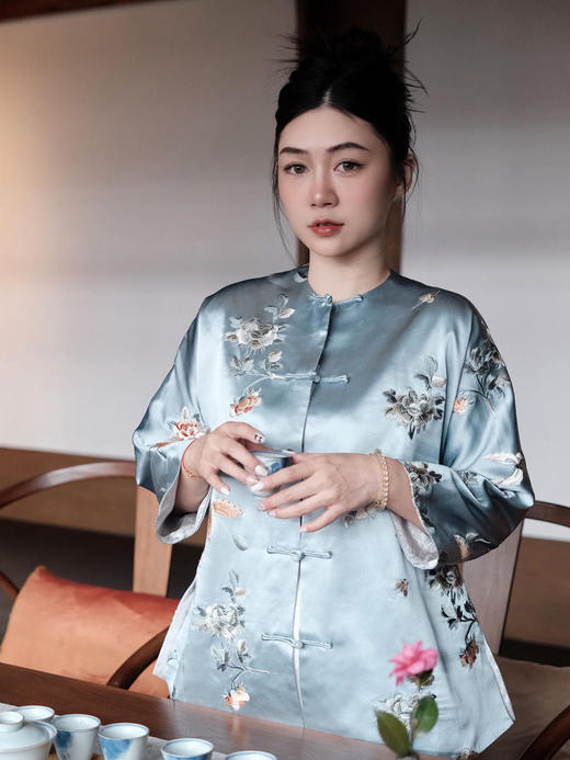 盛唐牡丹 |真丝手推绣对襟外套/白色蝶恋花真丝里布 商品图0