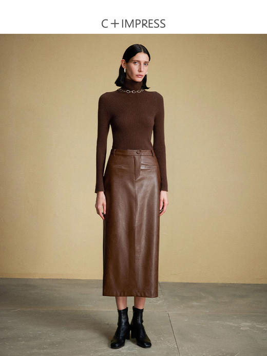 西嘉C+IMPRESS/西嘉美拉德色系复古油蜡皮前开衩直筒半身裙女秋冬高腰BQ2304029 商品图1