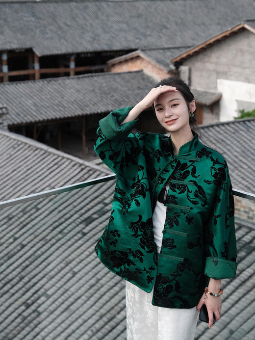 瑕疵|盛唐牡丹 |真丝漳绒祖母绿对襟外套[特价品](特殊商品不退不换) 商品图5