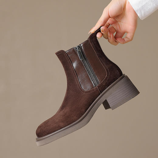 舒适百搭，里外全皮美拉德色系粗跟短靴WC-M7543 商品图0