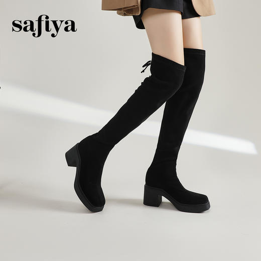 Safiya/索菲娅2023秋冬新款方头粗高跟显腿长弹力过膝长靴 SF34117403 商品图3