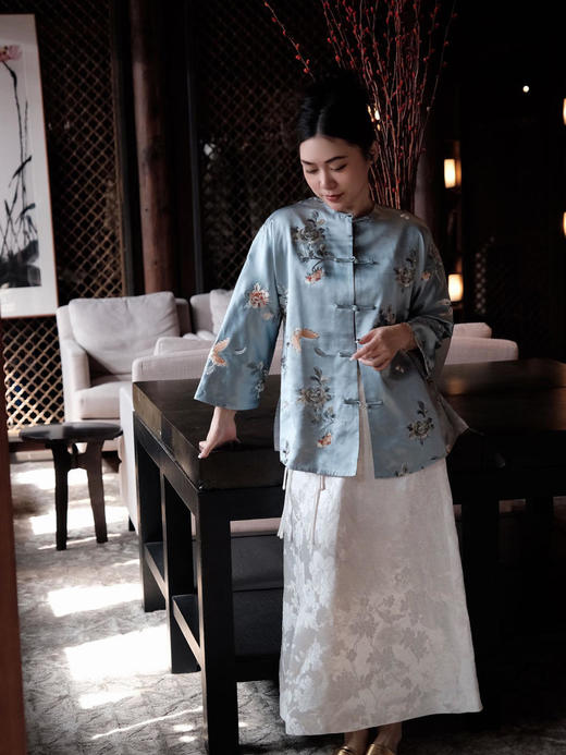 盛唐牡丹 |真丝手推绣对襟外套/白色蝶恋花真丝里布 商品图6