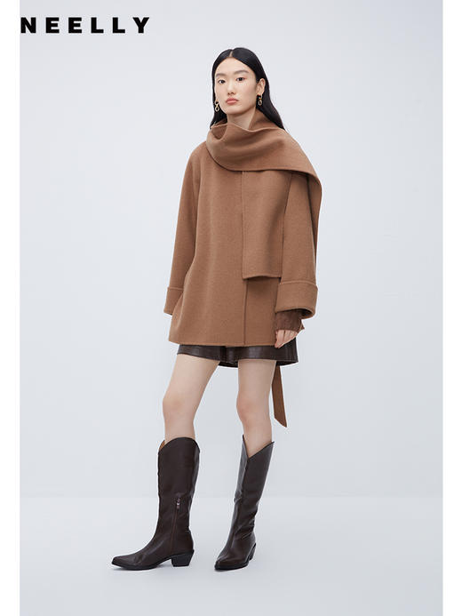 NEELLY纳俪商场同款可拆卸围巾领大衣女冬驼色短款双面呢羊毛外套N23105N01110 商品图2