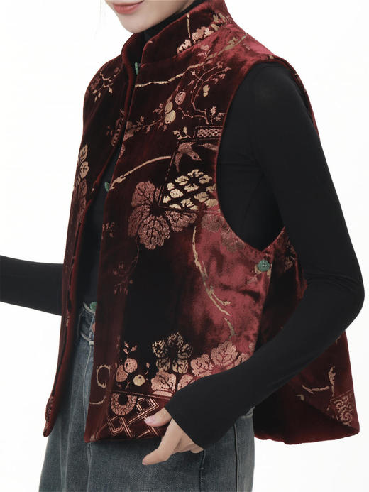 盛唐牡丹 |双面穿丝绒烫银天然玉石扣马甲 商品图6