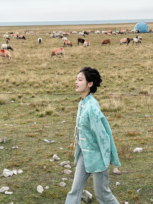 盛唐牡丹 |Tiffany蓝抽象牡丹漳绒外套 商品图7