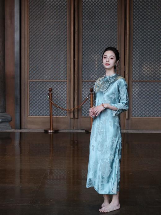 微瑕秒杀| 盛唐牡丹 |水蓝芙蓉花真丝提花斜襟旗袍裙[特价品](特殊商品不退不换) 商品图4