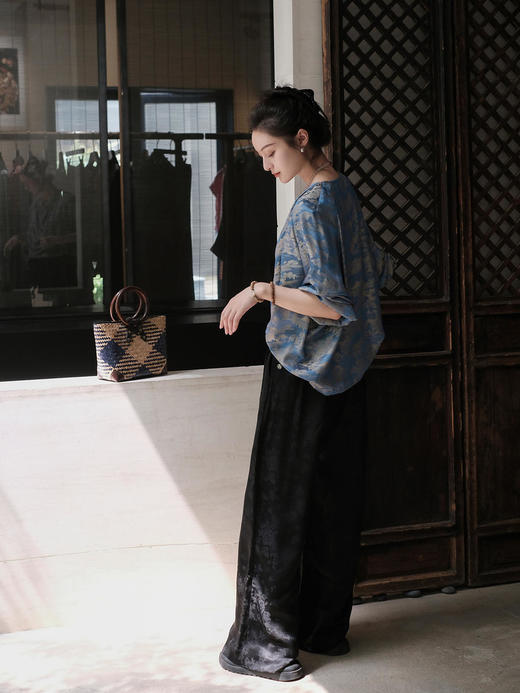 盛唐牡丹 |真丝提花蝶恋花松紧腰女裤 黑色/白色 商品图4