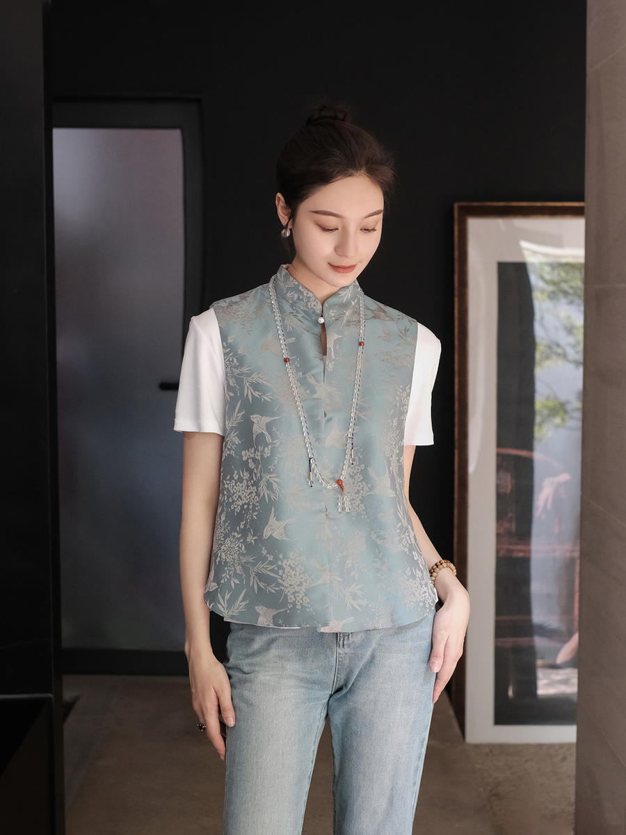 盛唐牡丹 |花锦缎喜鹊纹双面穿马甲