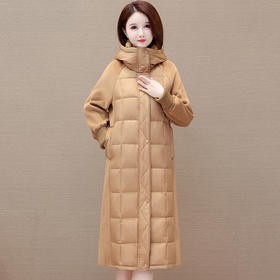 冬款长袖连帽时尚鸭绒外套，长款毛呢拼接洋气时髦保暖羽绒服QYM-XYKL-21125-L