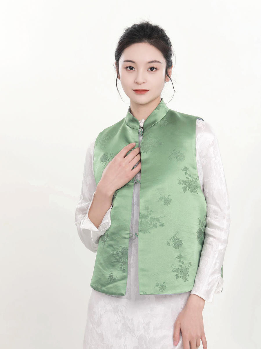 盛唐牡丹 |老工艺花蕾缎真丝马甲正反两穿