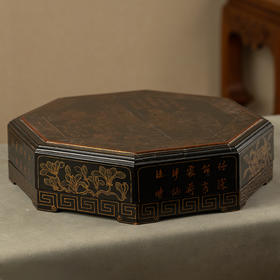 清 黑漆描金观画图八角盖盒