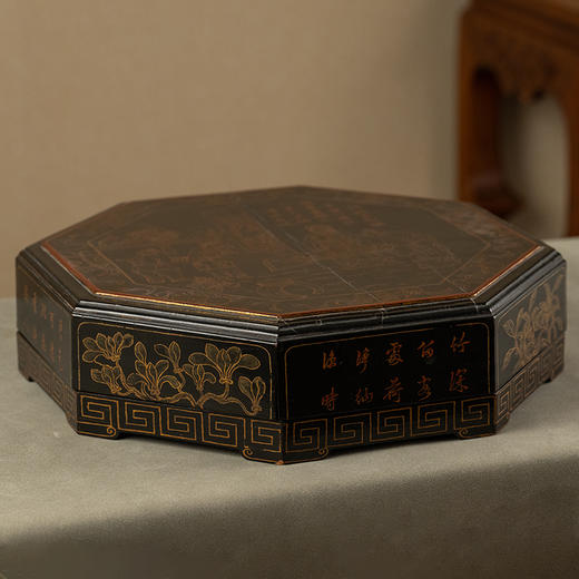 清 黑漆描金观画图八角盖盒 商品图0