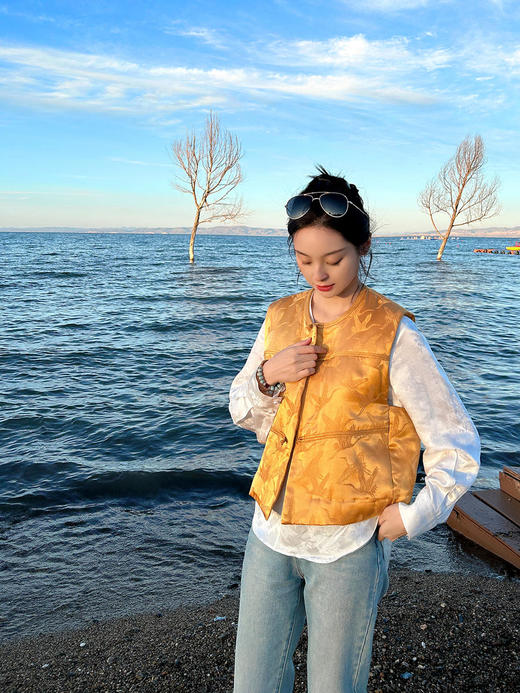 盛唐牡丹 |真丝提花仙鹤纹夹棉马甲 商品图7