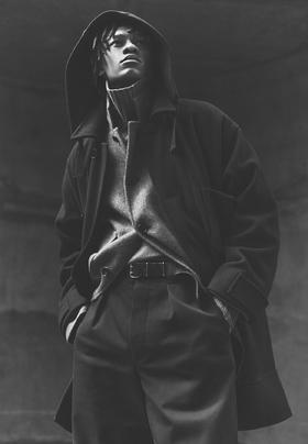 MHL 男士黑色可拆卸连帽羊毛大衣