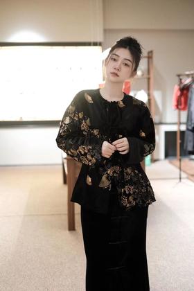 盛唐牡丹 |丝绒烫银对襟夹绵女外套-黑色