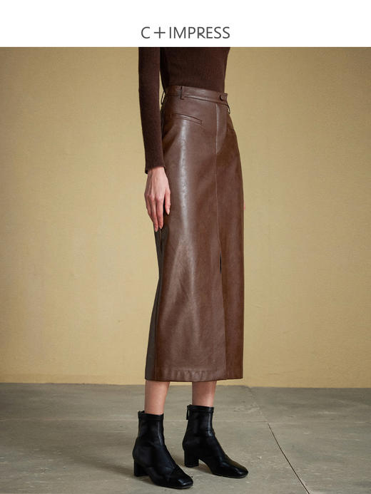 西嘉C+IMPRESS/西嘉美拉德色系复古油蜡皮前开衩直筒半身裙女秋冬高腰BQ2304029 商品图0