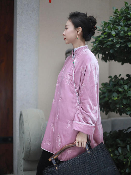 下架不再制作了//盛唐牡丹 |真丝丝绒绣花斜襟上衣 (夹棉) 商品图3