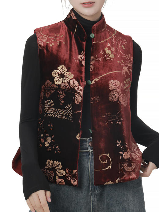 盛唐牡丹 |双面穿丝绒烫银天然玉石扣马甲 商品图7