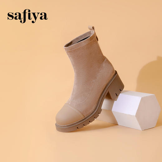 Safiya/索菲娅2023秋冬潮流拼接弹力圆头粗高跟瘦瘦英伦短靴 SF34116131 商品图6