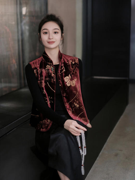 下架|盛唐牡丹 |真丝丝绒烫银对襟马甲 (四色可选) 商品图4