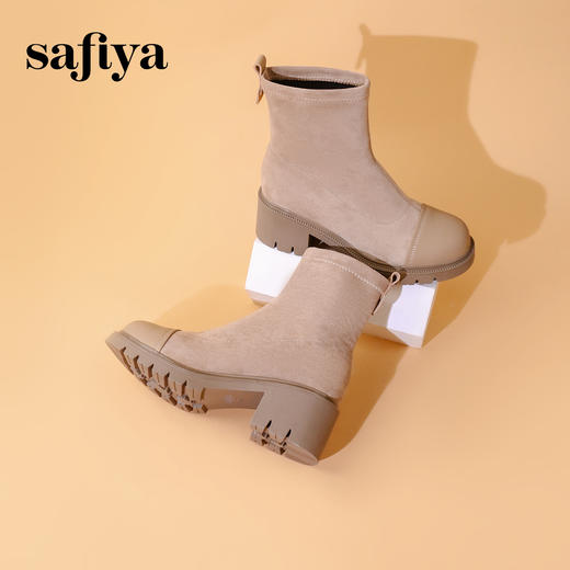 Safiya/索菲娅2023秋冬潮流拼接弹力圆头粗高跟瘦瘦英伦短靴 SF34116131 商品图7