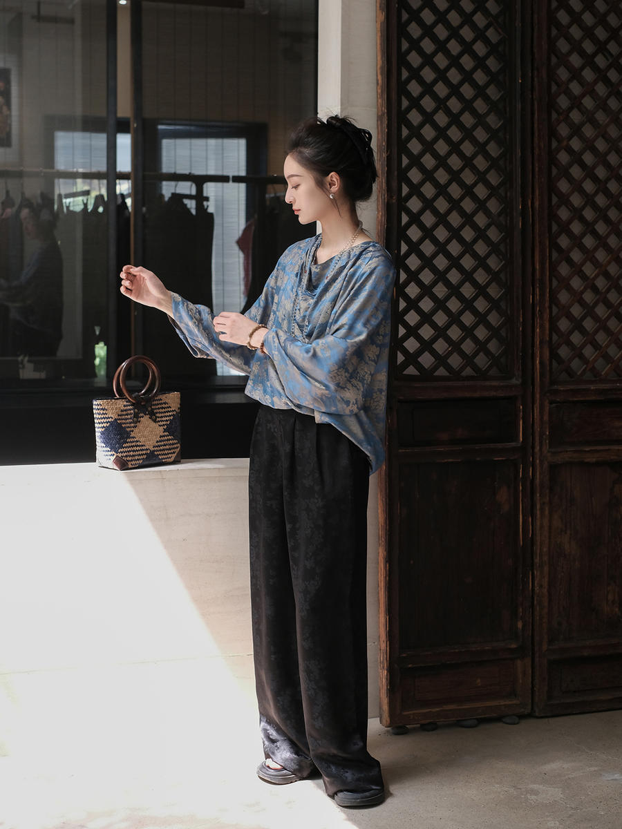 盛唐牡丹 |真丝提花蝶恋花松紧腰女裤 黑色/白色