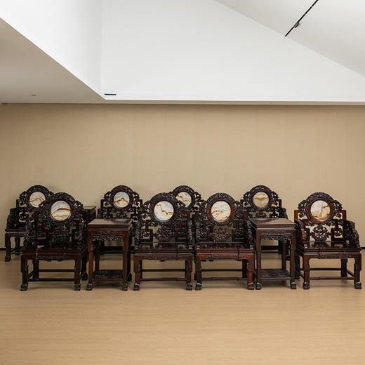 二十世纪 红木镶云石瘿木座面透雕灵芝纹扶手椅成堂（八椅四几） 商品图0