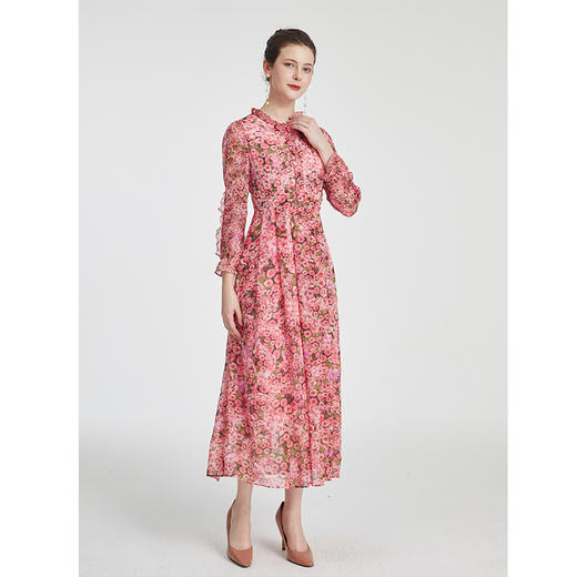 司歌雪纺印花长袖连衣裙圆领修身飘逸气质A881095 商品图2