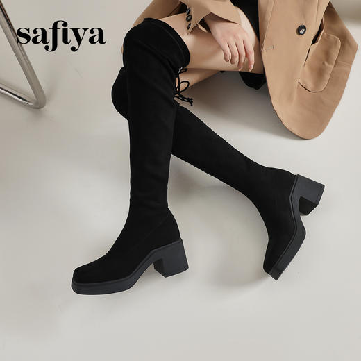 Safiya/索菲娅2023秋冬新款方头粗高跟显腿长弹力过膝长靴 SF34117403 商品图1