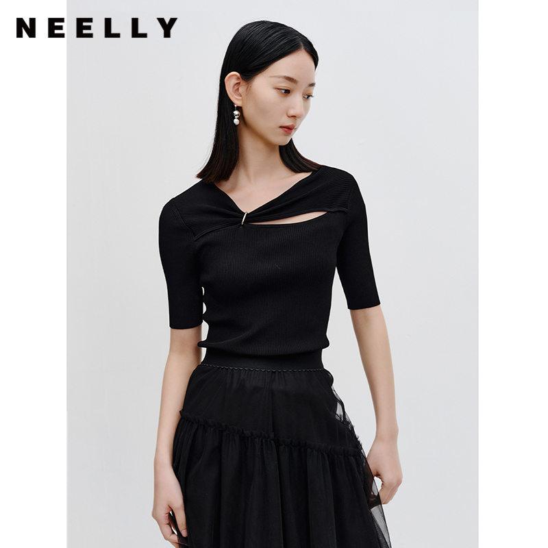 NEELLY纳俪商场同款设计感针织衫女秋季新款镂空短袖修身气质上衣N23072A01028
