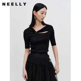 NEELLY纳俪商场同款设计感针织衫女秋季新款镂空短袖修身气质上衣N23072A01028