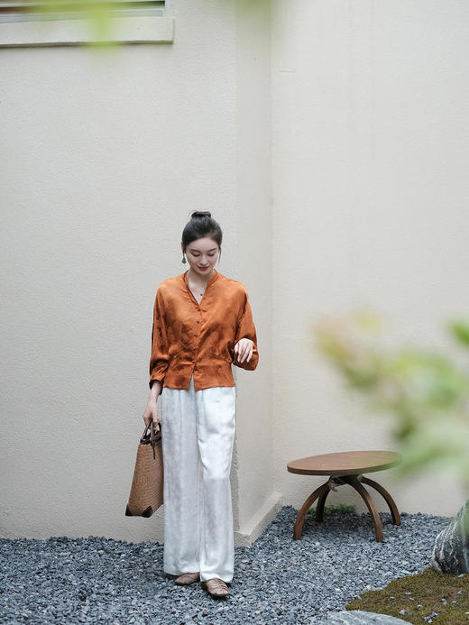 盛唐牡丹 |真丝冠乐绉焦糖色对襟上衣 商品图7