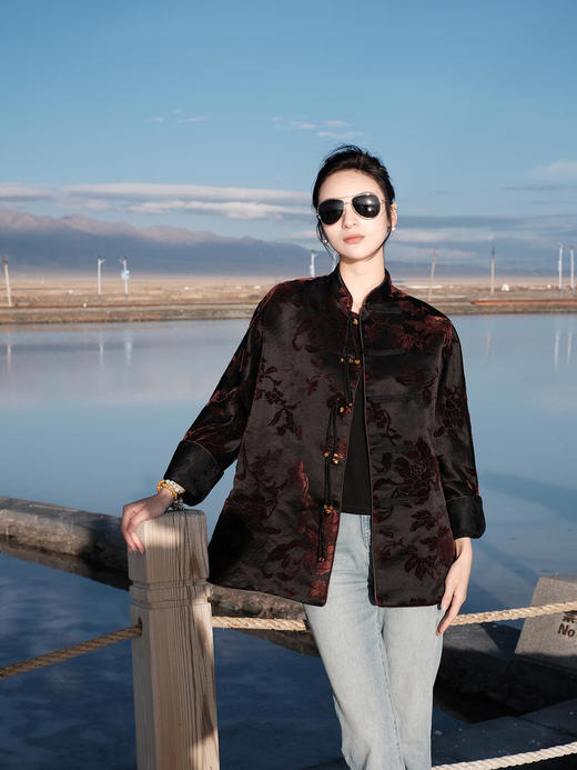 盛唐牡丹|酱色抽象牡丹漳绒外套 商品图5