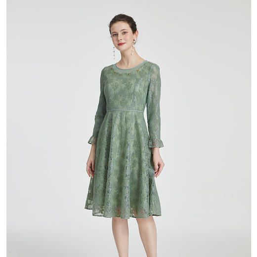 司歌羽毛蕾丝圆领长袖弹力连衣裙A881314 商品图4