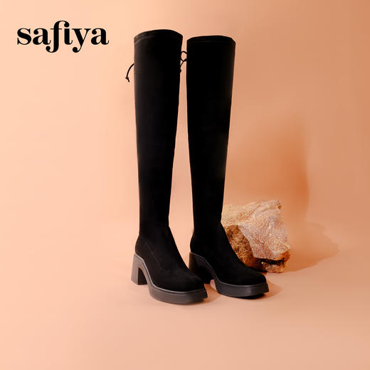 Safiya/索菲娅2023秋冬新款方头粗高跟显腿长弹力过膝长靴 SF34117403 商品图6