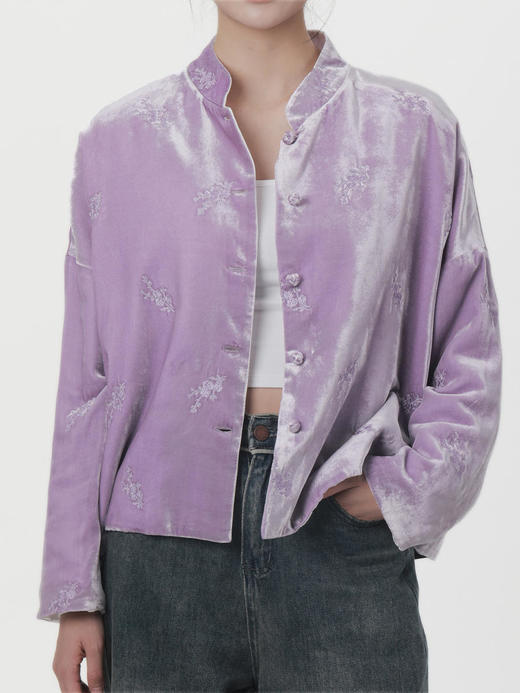 盛唐牡丹|香芋紫绣花丝绒两面穿棉服 商品图2
