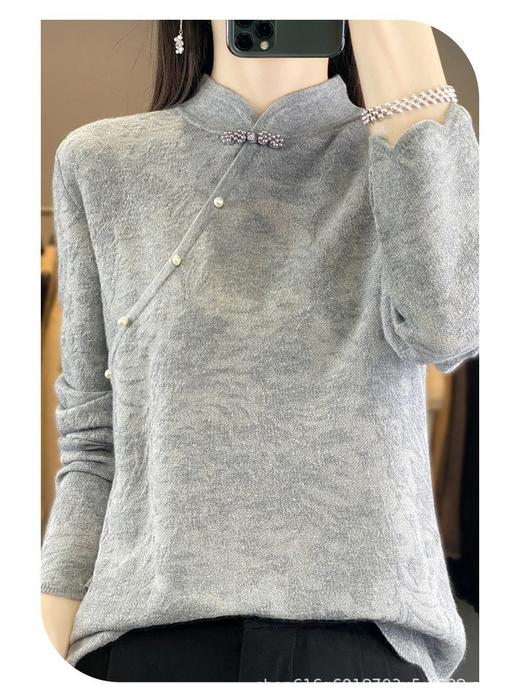 秋冬精纺羊毛衫纯色内搭毛衣蕾丝中式盘扣针织衫百搭QH-ZH2347 商品图1